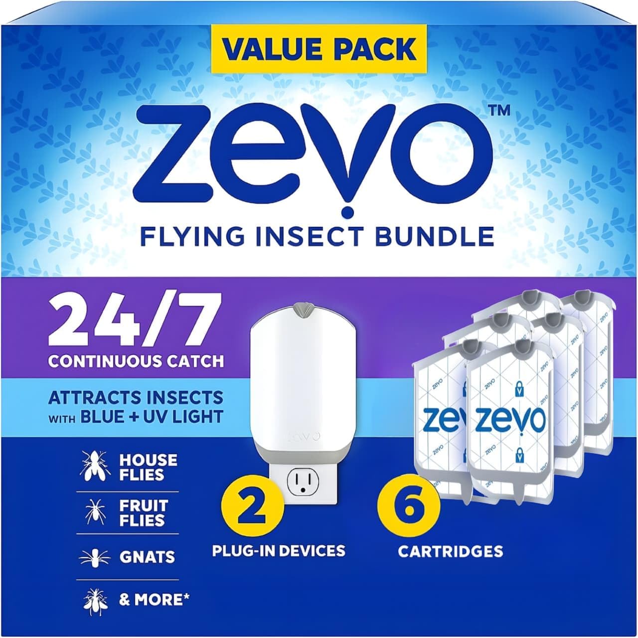 Zevo Flying Insect Trap & 3 Refill Cartridges - Plug in Fly Trap & Indoor Bug Catcher for Gnats, House & Fruit Flies - Blue & UV Light Technology, Mess-Free Alternative to Bug Zapper