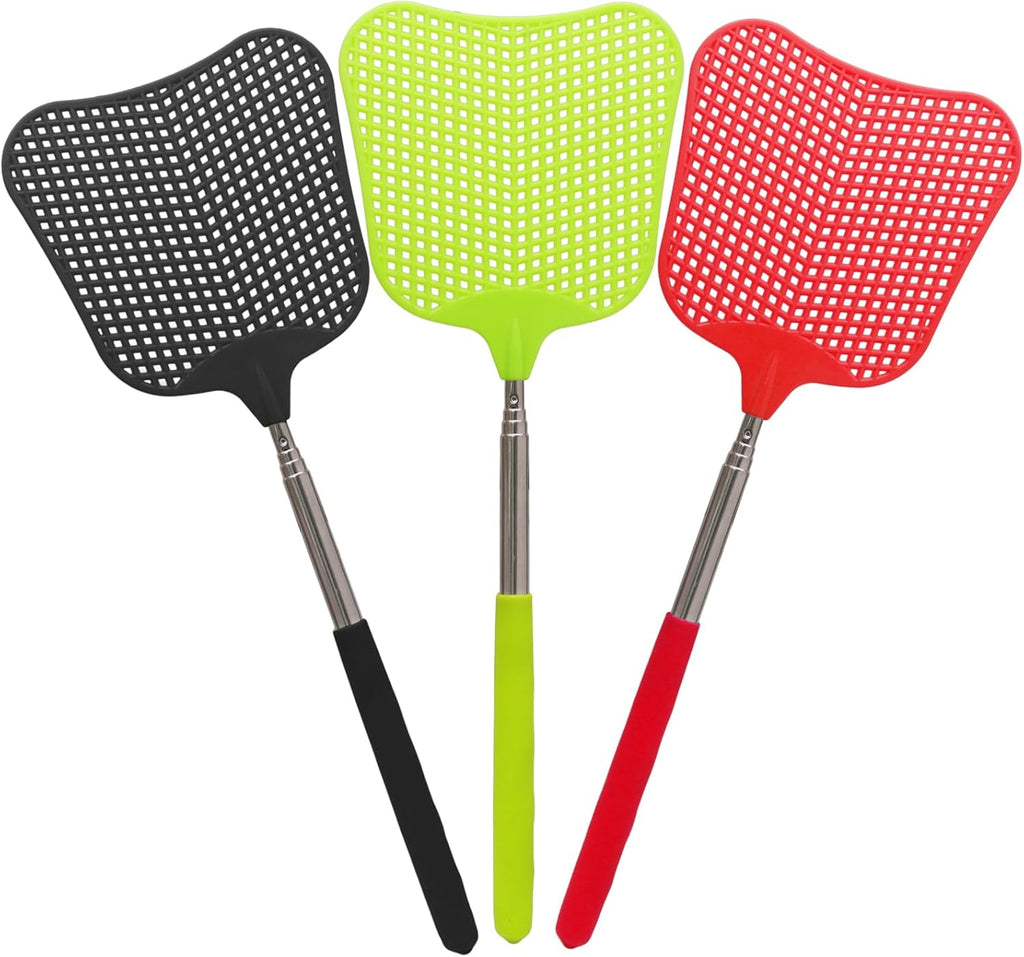 Litoexpe 2 Pack Telescopic Fly Swatter, Plastic Fly Swatter Heavy Duty Set, Manual Flyswatter with Stainless Steel Telescopic Handle for Indoors/Classroom/Office