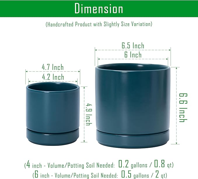 D'vine Dev 4.7 Inch & 6.5 Inch Ceramic Planter Pots for Plants with Drainage Hole and Saucer, Small Plant Pots Set, Teal, 94-G-S-9