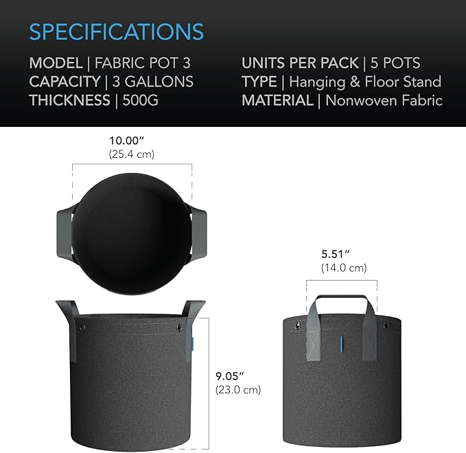 AC Infinity Heavy Duty Fabric Pots, 3 Gallon Aeration Reusable Grow Bags 5-Pack with 500G Thick Nonwoven Fabric and Multi-Purpose Rings, for Low Stress Plant Training Fruits, Vegetables, and Flowers