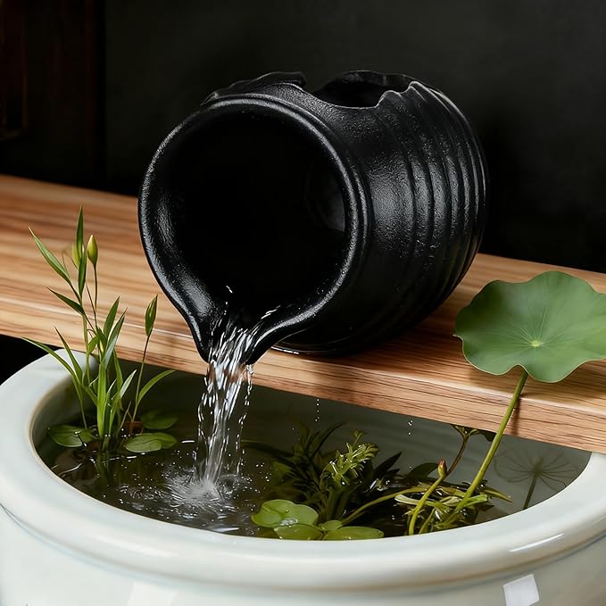 Ceramic Garden Fountain Spitter, Clay Pot Ecological Tank for Pond/Backyard Water Feature/Cave Waterfall/Landscaping, DIY Water Flow Jar Hydroponic Vase [5.5in, Matte Black]