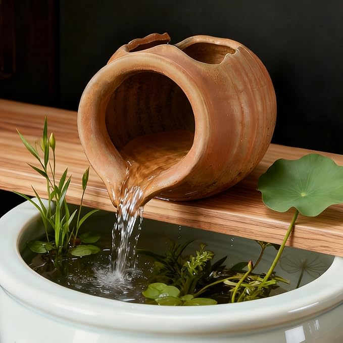 Ceramic Garden Fountain Spitter, Clay Pot Ecological Tank for Pond/Backyard Water Feature/Cave Waterfall/Landscaping, DIY Water Flow Jar Hydroponic Vase [5.5in, Classic Yellow]