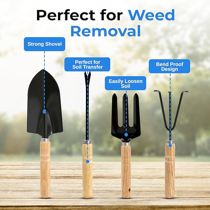 Scuddles 8-Piece Garden Tool Set with Bag, Stainless Steel Tools, Wooden Handles and Soft Poly-Cotton Gloves for Planting, Pruning and Home Gardening