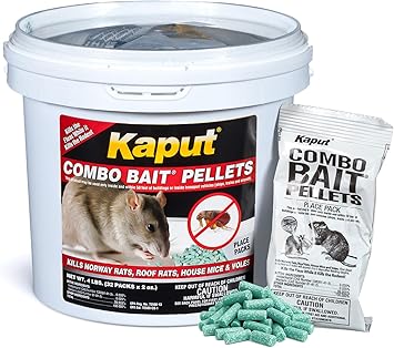 Kaput Combo Bait Pellets, Rat Bait to Kill Rodents & Fleas, Norway, House Mice, & Pine Voles - Includes Warfarin & Imidacloprid for Effective Pest Control (32 x 2oz Place Packs)