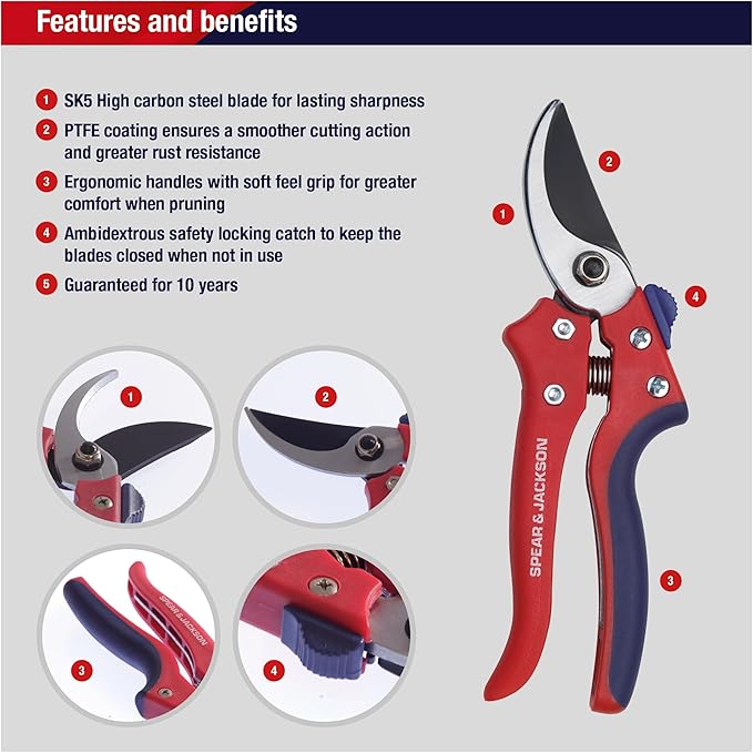 Spear & Jackson Razorsharp Bypass Pruning Shears, SK5 Carbon Steel Blades, Coated for Corrosion Resistance, Ergonomic Handles for Comfortable Use