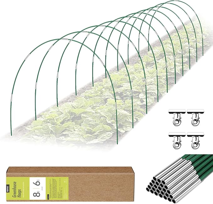 60 PCS Garden Hoops for Raised Beds, Rifny 10 Sets Greenhouse Hoops Kit of 8 FT Long Grow Tunnel, Rust-Free Fiberglass Garden Support Poles for Insect Mesh Netting Freeze Plant Cover (Green)