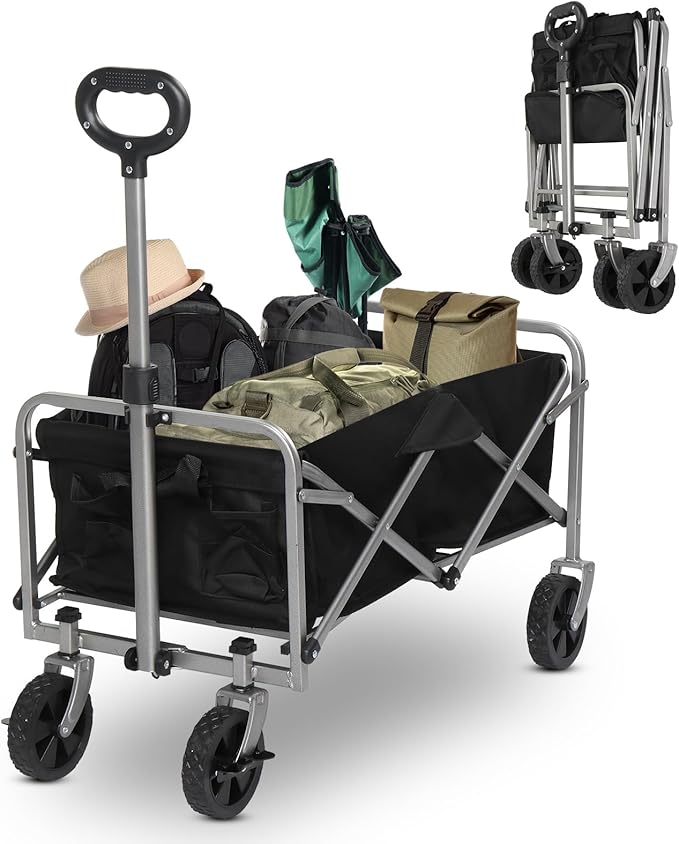 Collapsible Foldable Wagon with 220lbs Weight Capacity,Heavy Duty Folding Utility Garden Cart with All-Terrain Beach Wheels & Drink Holders for Grocery Outdoor Beach Gardening Shopping (Black)