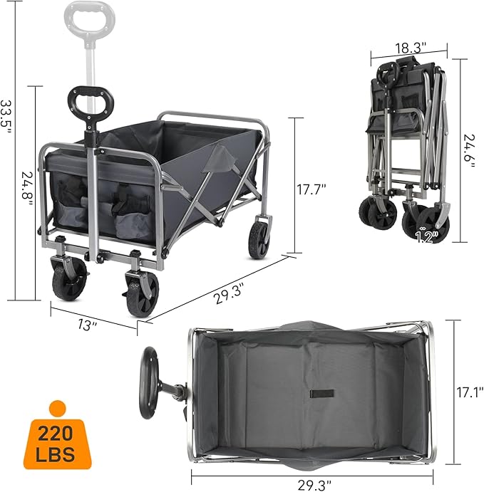 Collapsible Foldable Wagon with 220lbs Weight Capacity,Heavy Duty Folding Utility Garden Cart with All-Terrain Beach Wheels & Drink Holders for Grocery Outdoor Beach Gardening Shopping (Grey)