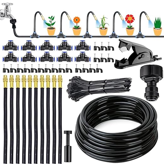 360° Adjustable Drip Irrigation System Garden Watering Atomizing System with 10 Nozzles, 32.8FT Automatic Drip Sprinkler System for Greenhouse, Yard, Lawn, Plants, Garden, Raised Bed, 5/16 inch Hose