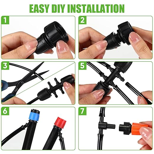 Yaomiao 394 ft Drip Irrigation System Kit, 1/2 Inch Hose 1/4 Inch Distribution Tubing Drip Emitters Adjustable Misting Nozzle Barbed Fittings Patio Misting Plant Watering System for Garden Yard Lawn