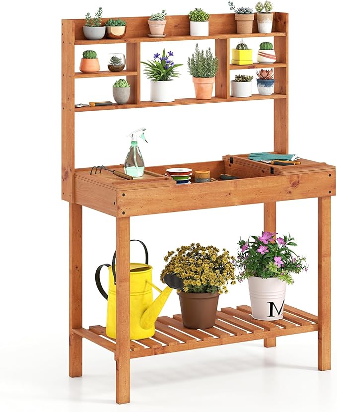 MAT EXPERT Potting Bench Table, Garden Table with Open Shelves, Flip-Up Table, Display Rack, Side Hooks, Wooden Plant Bench, Garden Storage, Outdoor Workbench for Garden, Patio, Yard (Brwon)