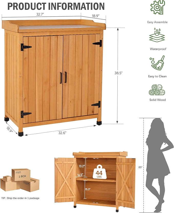 Outdoor Potting Bench with Metal Work Top,Waterproof Garden Storage Cabinet,Wooden Tool Station Shed for Backyard,Patio,Lawn Gardening