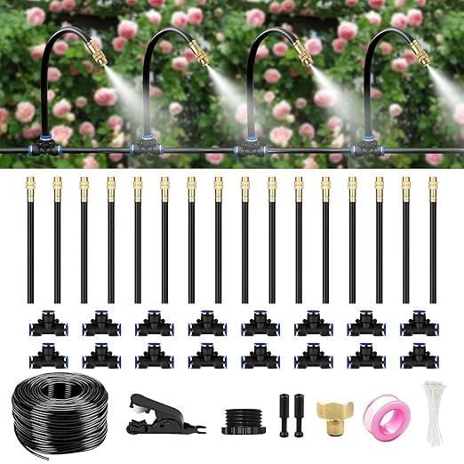 50FT Drip Irrigation System for Garden – Automatic Watering Kit with Solid Brass Metal Connectors, 360° Bendable Tubing &16 Adjustable Nozzles for Greenhouse, Lawn, Yard & Plants