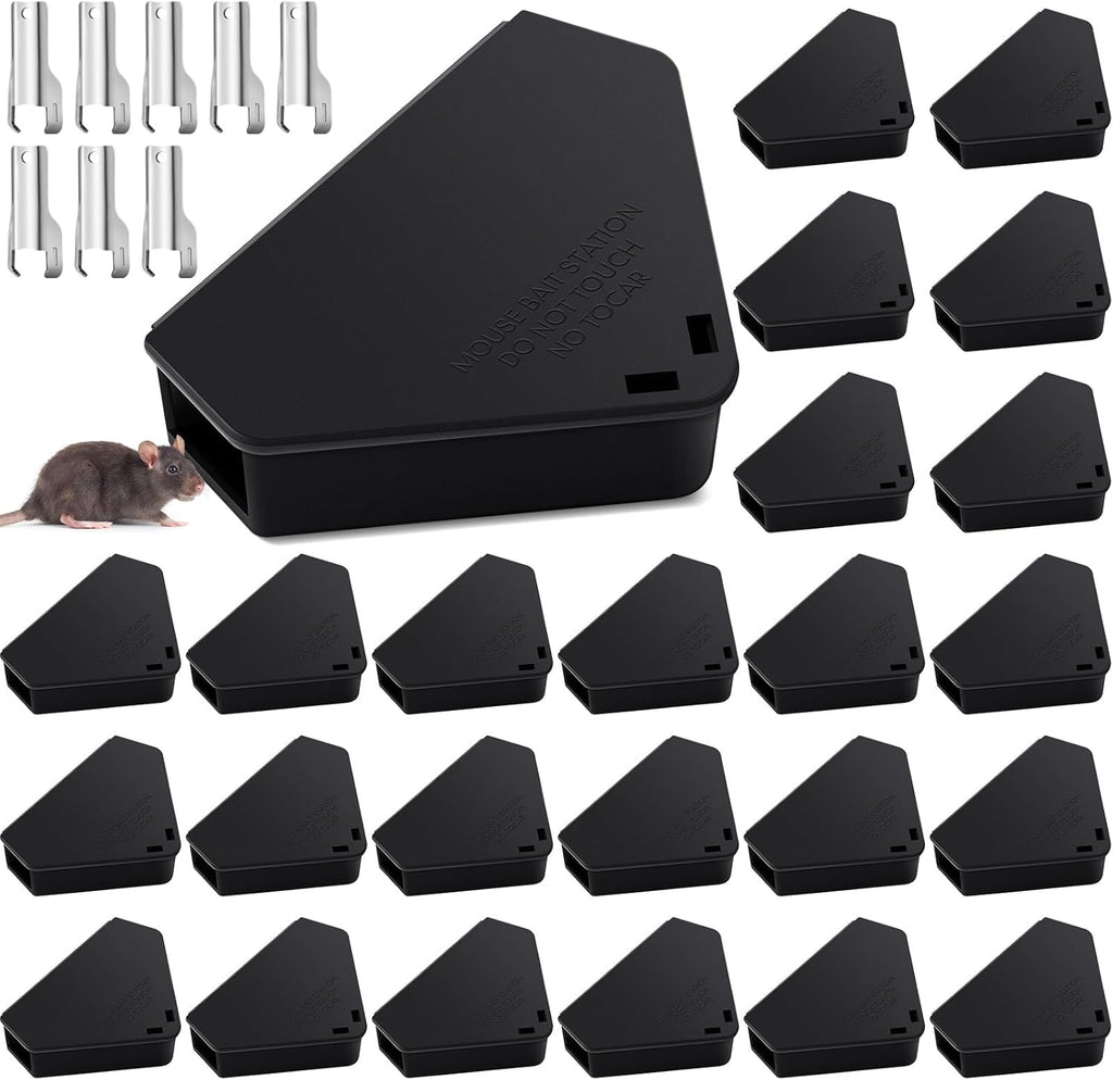 Qualirey 12 Pcs Mice Station with Key Triangle Bait Station Reusable Rodent Trap Box, Keeps Children and Pets Safe Indoor & Outdoor, Bait Not Included, Suitable for Small Mice (Black)