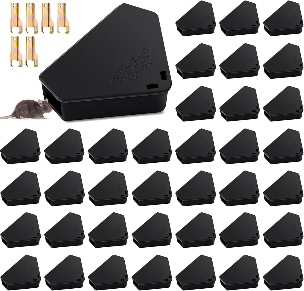 Qualirey 12 Pcs Mice Station with Key Triangle Bait Station Reusable Rodent Trap Box, Keeps Children and Pets Safe Indoor & Outdoor, Bait Not Included, Suitable for Small Mice (Black)