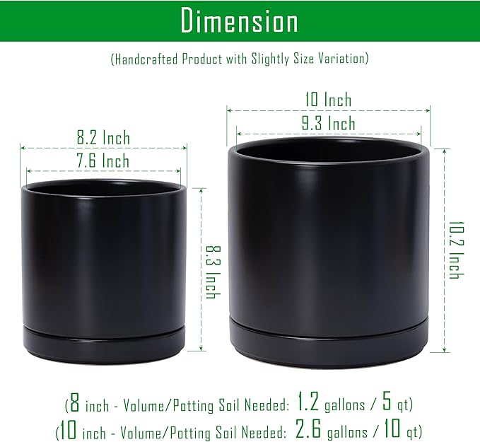 D'vine Dev 8.2 Inch & 10 Inch Ceramic Planter Pot for Plants with Drainage Hole and Saucer, Large Plant Pots Set, Black, 94-G-L-2