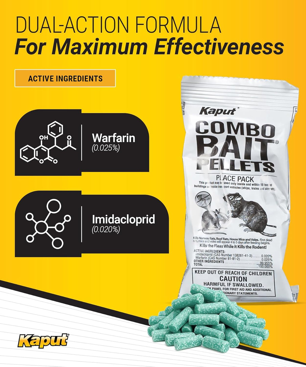 Kaput Combo Bait Pellets, Rat Bait to Kill Rodents & Fleas, Norway, House Mice, & Pine Voles - Includes Warfarin & Imidacloprid for Effective Pest Control (32 x 2oz Place Packs)