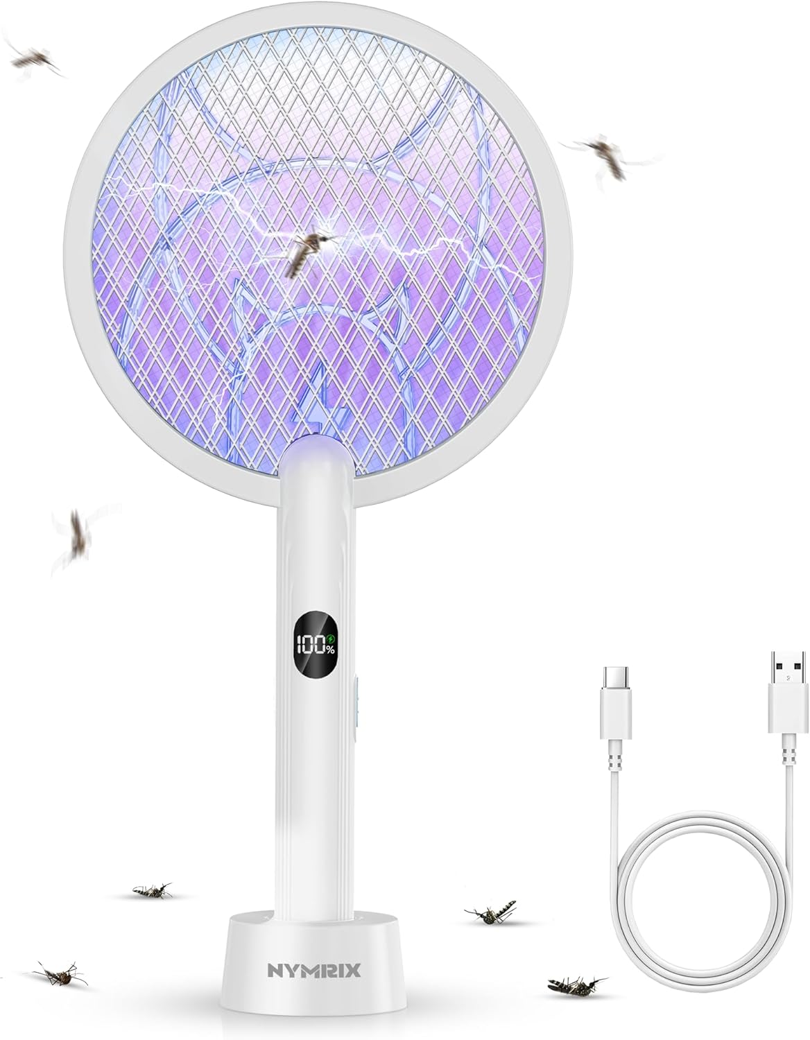 Electric Fly Swatter Racket, 2 in 1 Mosquito Bug Zapper 4100V Handheld Mosquito Killer with 1800 mAh Rechargeable Battery, Purple Light and 3-Layer Safety Mesh for Indoor Outdoor Blue