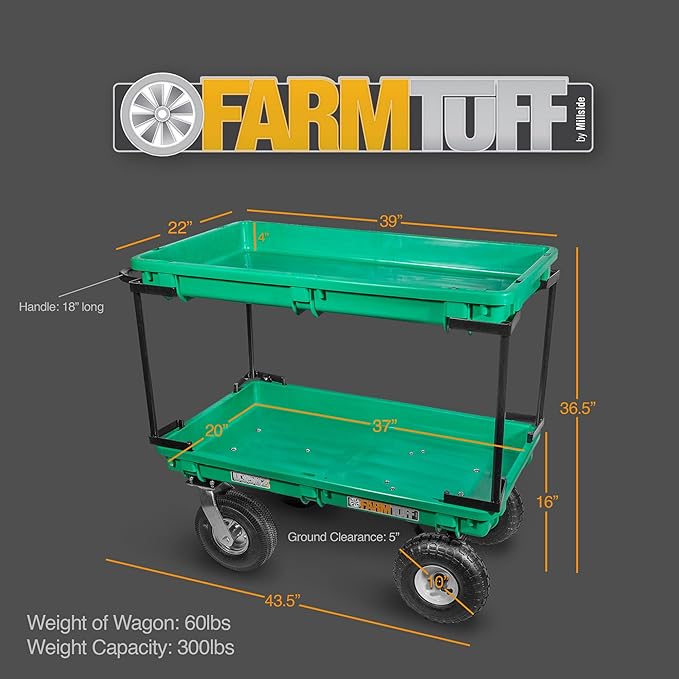 FARM-TUFF Double-Tier Plastic Garden Wagon, 37" x 20" - Heavy-Duty Poly Utility Cart with Pneumatic Tires, 300lb Capacity & Powder-Coated Frame for Gardening, Landscaping & Greenhouses