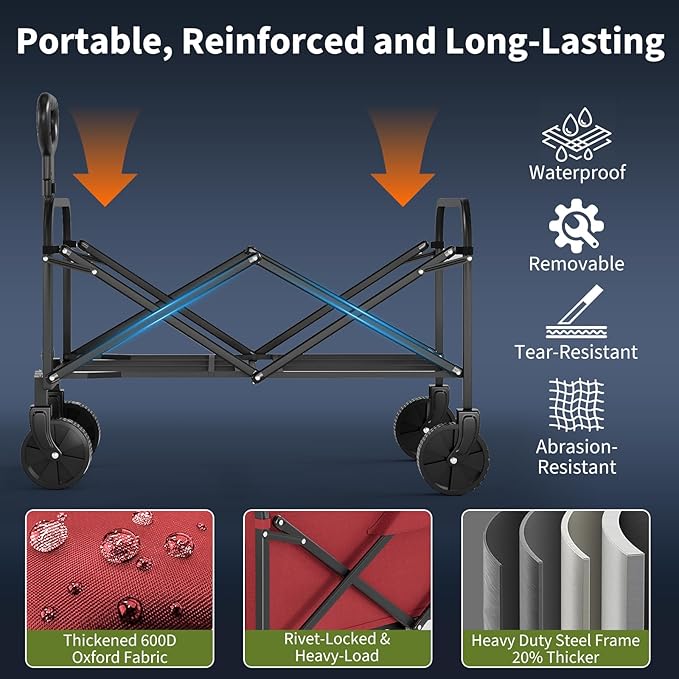 Wagons Carts Foldable, Garvee Utility Collapsible Wagon with All-Terrain Wheels, Drink Holders & Adjustable Handle, 220 LBS Portable Grocery Wagon for Shopping, Camping, Garden -Red