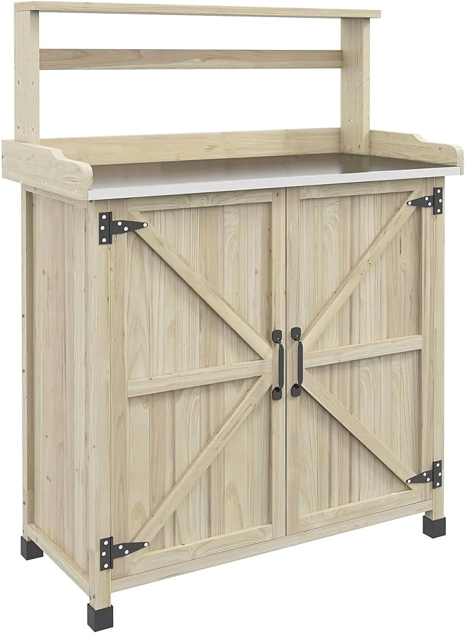 DTY Potting Bench Wood Natural Outdoor Garden Storage Cabinet & Shelves - Default