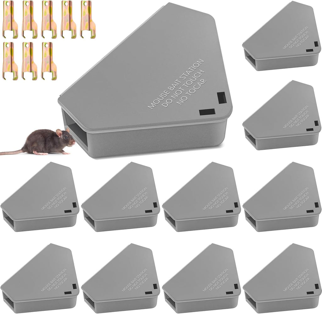 Qualirey 12 Pcs Mice Station with Key Triangle Bait Station Reusable Rodent Trap Box, Keeps Children and Pets Safe Indoor & Outdoor, Bait Not Included, Suitable for Small Mice (Black)