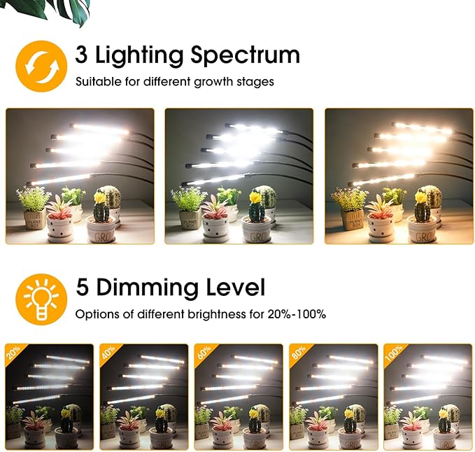 Wolezek Grow Lights for Indoor Plants, 2 Pack Full Spectrum Plant Light with Adjustable Stand, 5-Head LED Grow Light with Auto 6/12/16H Timer, 5 Brightness Levels, Ideal for Large & Tall Plants