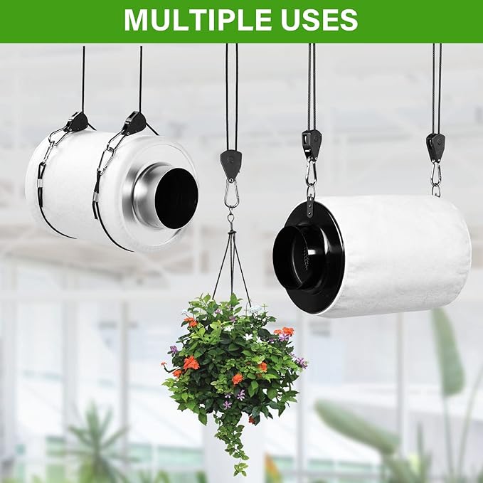iPower 1/8 Inch Adjustable Grow Light Hangers, 8 Feet Long Heavy Duty Rope Reinforced Metal Gears 150lbs Weight Capacity for Plant Tent, Black, 2 Pairs
