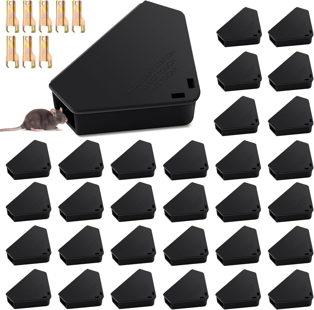Qualirey 12 Pcs Mice Station with Key Triangle Bait Station Reusable Rodent Trap Box, Keeps Children and Pets Safe Indoor & Outdoor, Bait Not Included, Suitable for Small Mice (Black)