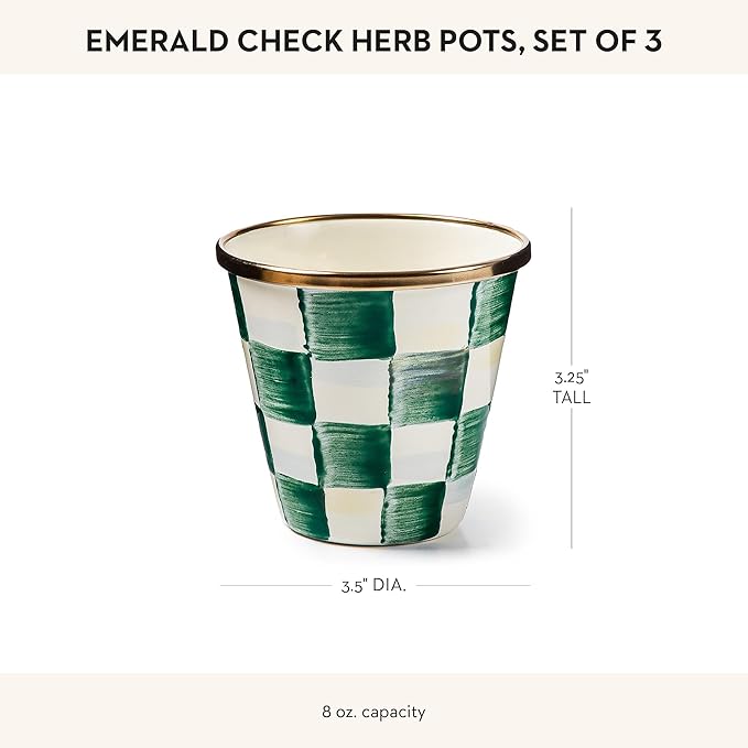 MACKENZIE-CHILDS Enamel Herb Pots, Small Plant Pots for Herbs or Flowers, Set of 3, Green-and-White Emerald Check