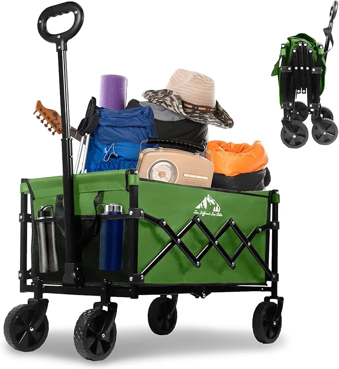 Collapsible Wagon 352LBS Capacity, Foldable Large Wagons Carts, Heavy Duty Outdoor Folding Wagon with All-Terrain Wheels, Utility Garden Beach Wagon with Storage Bag Green