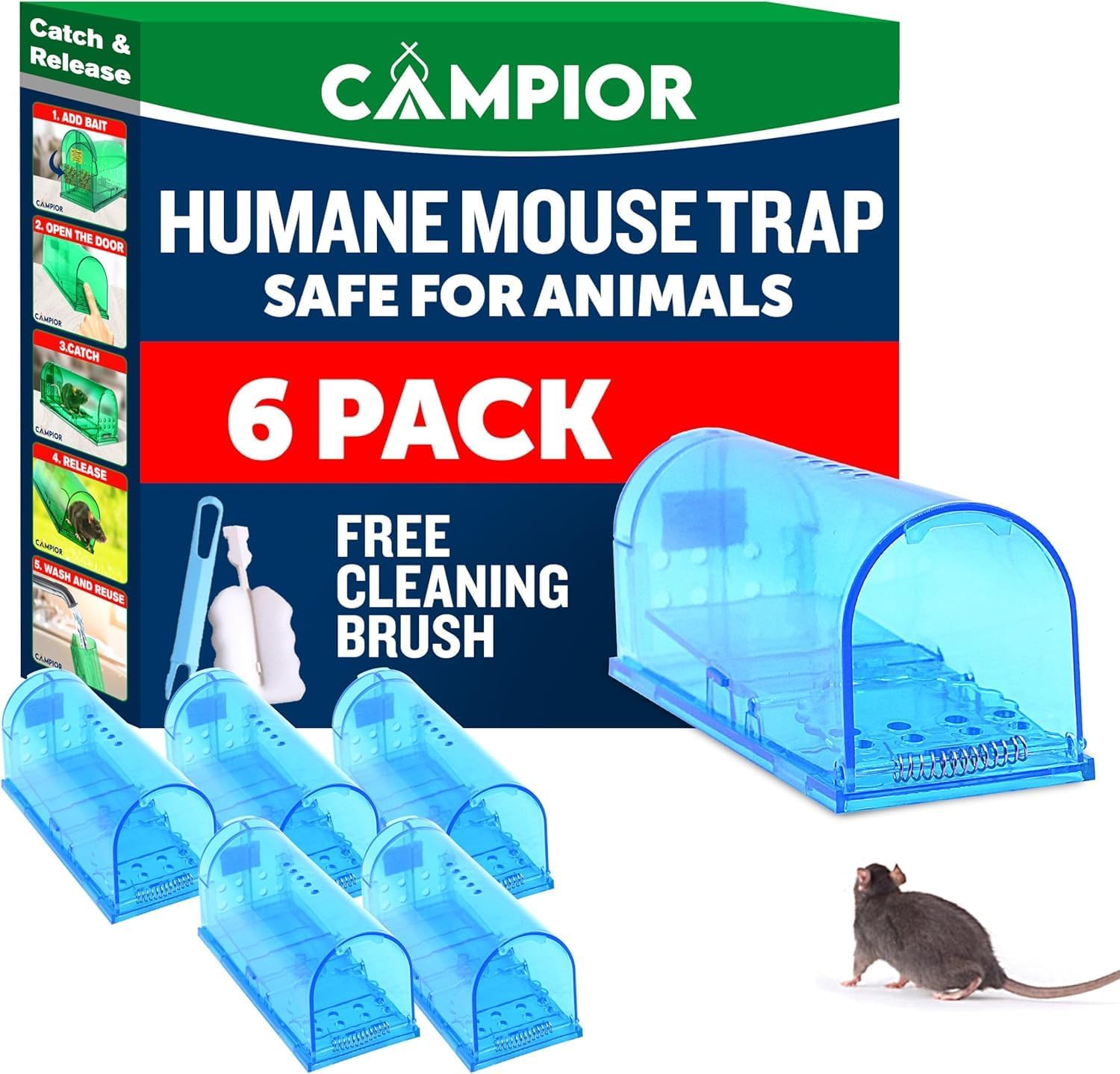Humane Mouse Trap for House – Large, No-Kill Mouse Traps Indoor for Home, Catch-and-Release Rat and Mouse Trap, Child & Pet Safe, Easy to Clean, No-Touch Release, Pack of 6, Blue