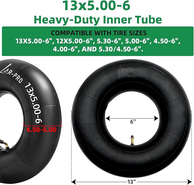 AR-PRO (2-Pack) 13x5.00-6 Heavy-Duty Inner Tubes Replacement for Razor Dirt Quad Versions, TR87 Bent Valve Stem, Fits Lawn Mowers, Go-Karts, ATVs, Snow Blowers, Garden Tractors, and More