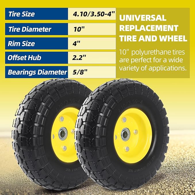 (2-Pack) 10-Inch Solid Tire Wheels - Replacement 4.10/3.50-4" Flat Free Tires and Wheels with 5/8" Axle Bore Hole Bearings, 2.17" Offset Hub -Perfect for Hand Truck, Wheelbarrow, Gorilla Carts