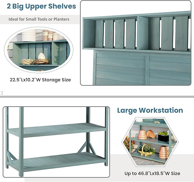 65" Large Farmhouse Potting Benches for Outside, Garden Potting Table with 4 Storage Shelves, Garden Bench with 3 Side Hooks, Patio Workstation Garden Storage Bench (Green, 65")