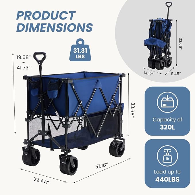 NEWBULIG Large Capacity Folding Double Decker Wagon with Brakes, 440lbs Wagons Carts Foldable Wagon Cart with Flexible Handle, All-Terrain Big Wheels for Grocery Sports Garden Camping