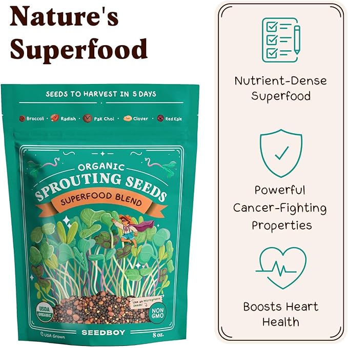 Seedboy Organic Non-GMO Sprouting Seeds, Superfood Blend - USA Grown Microgreens Mix with Broccoli, Radish, Pak Choi, Clover, Red Kale - 8 oz Makes 8 Quarts / 24 Servings (Superfood Blend)