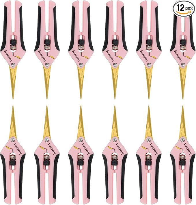 12 Packs Pruning Shears with Curved Blades, Garden Trimming Scissors, Gardening Hand Pruning Snips Titanium Coated Precision Bonsai Pruning Shears, Efficient Flower Cutters (Pink)