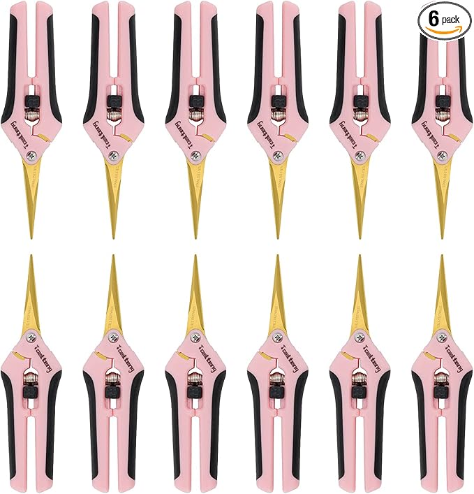 6 Packs Pruning Shears with Curved Blades, Garden Trimming Scissors, Gardening Hand Pruning Snips Titanium Coated Precision Bonsai Pruning Shears, Efficient Flower Cutters (Pink)