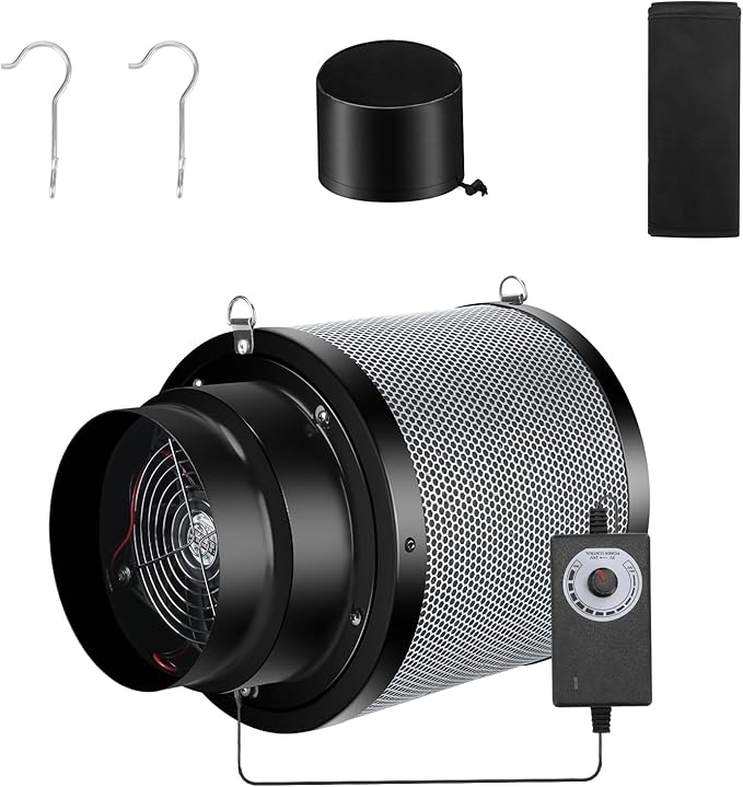 MELONFARM 6 inch Air Carbon Filter Smelliness Control with Australia Virgin Charcoal, Built-in 14cm Fan Low Nois and Speed Controller, Smelliness Scrubber for Inline Duct Fan, Grow Tent 6" x 13.4"