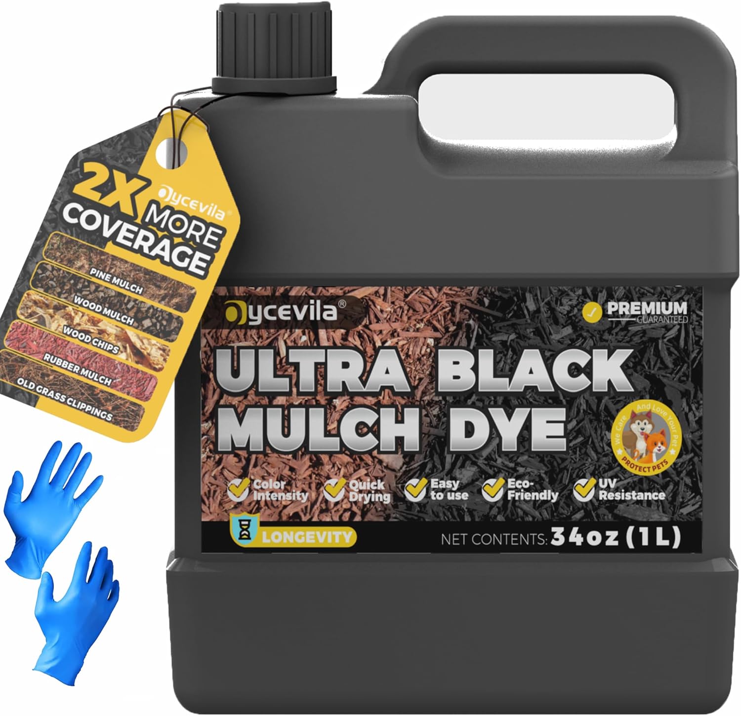 32oz Concentrated Ultra Black Mulch Dye with Gloves, Liquid Rubber Dye Spray Covers up to 3,600 Sq. Ft, Long-Lasting Finish Black Bark Paint for Mulch Restoration and Enhancement Landscaping
