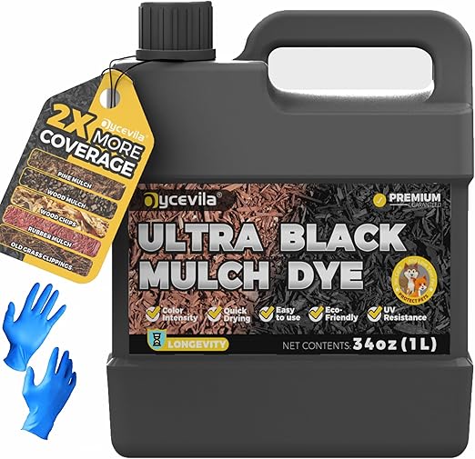 32oz Concentrated Ultra Black Mulch Dye with Gloves, Liquid Rubber Dye Spray Covers up to 3,600 Sq. Ft, Long-Lasting Finish Black Bark Paint for Mulch Restoration and Enhancement Landscaping