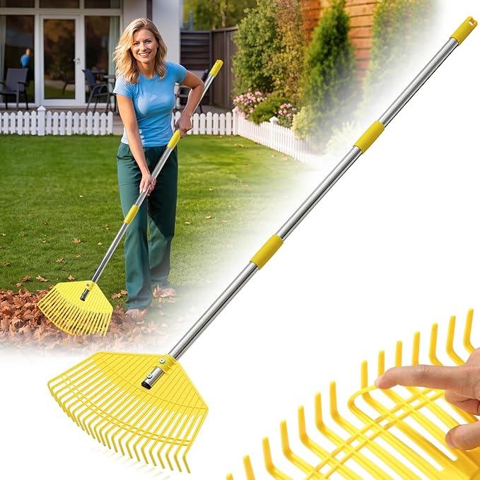 Leaf Rake - 17" Wide Nylon Plastic Head,51" Adjustable Stainless Steel Handle,Heavy Duty Gardening Leaves Rake Tools for Garden Lawns,Yard,Shrub,Grass - Lightweight for Women,Seniors & Kids
