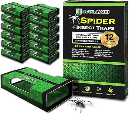 MaxGuard Spider + Insect Traps (12 pcs Box Trap) | Non-Toxic Extra Sticky Glue Traps, Kill Black Widow Hobo Brown Recluse Spiders and Other Crawling Bugs & Insects |