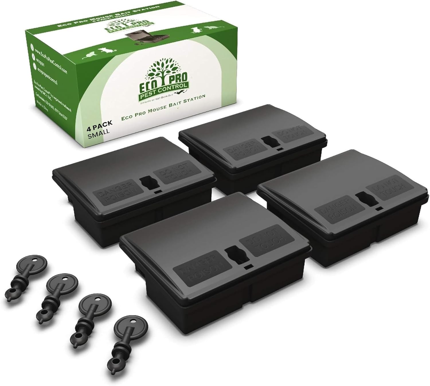 Mouse Bait Station | 4-Pack Indoor & Outdoor Mouse Bait Stations | Bait (Not Included) is Secured by Lock & Key | Pet & Child-Safe Alternative to Mouse Traps | for Mice Only - Small Size