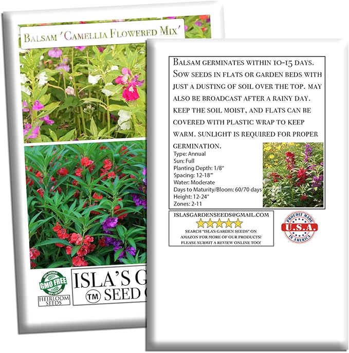 'Camellia Flowered Mix' Balsam Flower Seeds for Planting, 100+ Seeds Per Packet, (Isla's Garden Seeds), Non GMO & Heirloom Seeds, Scientific Name: Impatiens balsamina, Great Home Garden Gift
