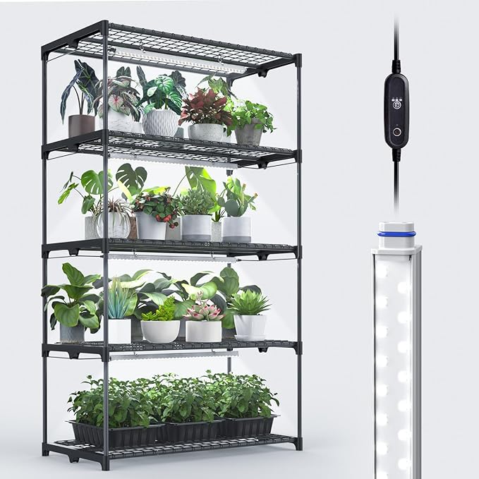 Plant Shelf with Grow Light, 5 Tier Plant Stand with Grow Light, Metal Plant Rack with 4 Pack 60W Plant Light for Indoor Plant, Seed Start, Seedling, Seed Trays, 17.7" W x 29.5" L x 59" H