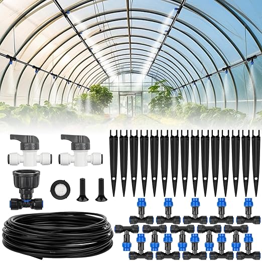 59FT Mist Drip Irrigation System, Automatic Garden Watering System with Adjustable Atomizing Misting Nozzle, 1/4 inch Blank Distribution Tubing Watering Drip Kit for Garden, Greenhouse, Lawn