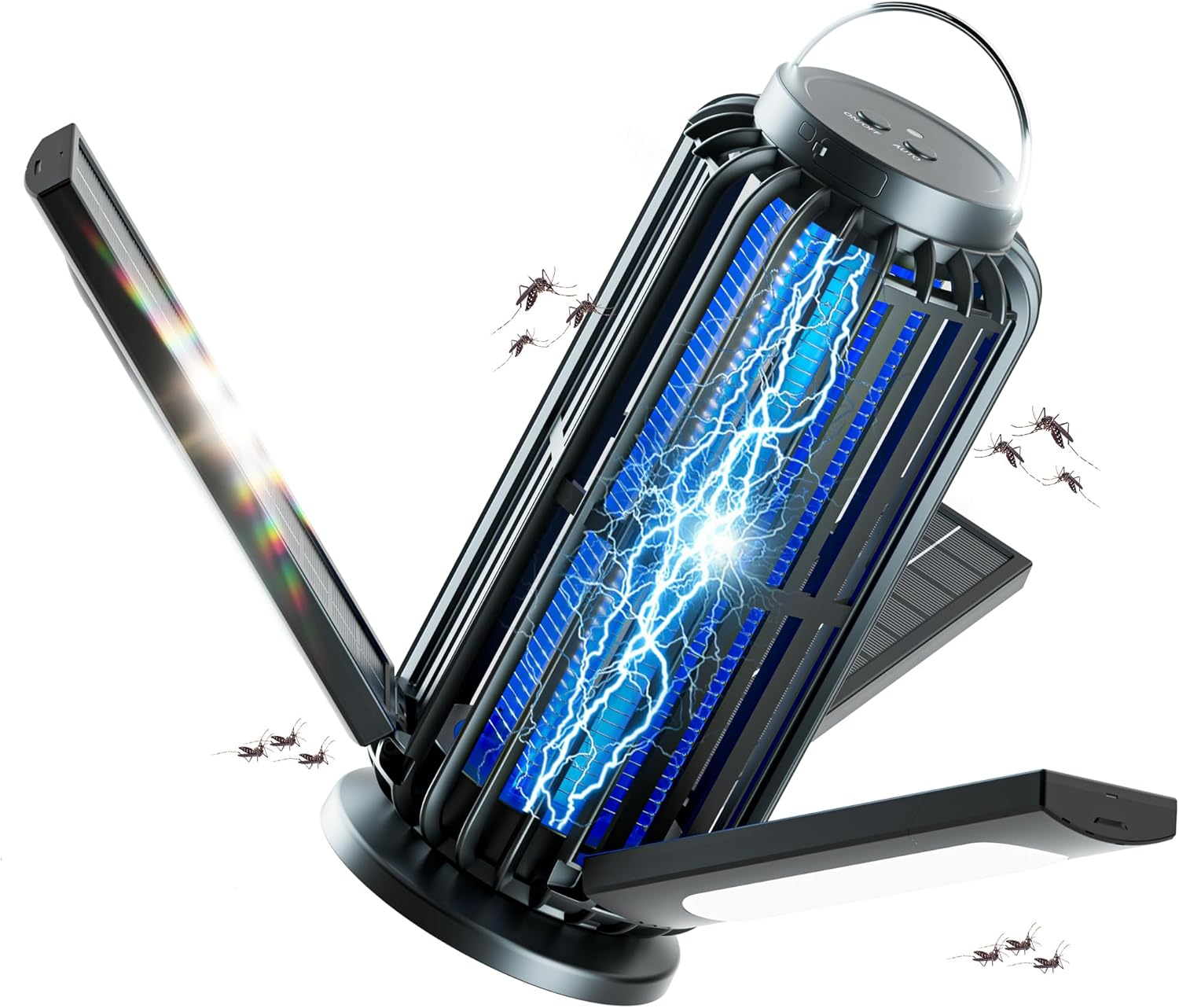 TYPEC Bug Zapper 2 Pack, Solar Bug Zapper with 3 Solar Charging Panels, IP65 Waterproof Mosquito Zapper, 4200V Mosquito Zapper with LED Light, Outdoor Indoor AUTO ON/Off