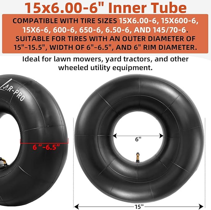 AR-PRO (2-Pack) 15x6.00-6" Inner Tubes with TR87 Bent Valve Stem – Replacement Heavy-Duty Tire Tubes for Lawn Mowers, Tractors, Wheelbarrows, Go-Karts, ATVs, Garden Utility Equipment